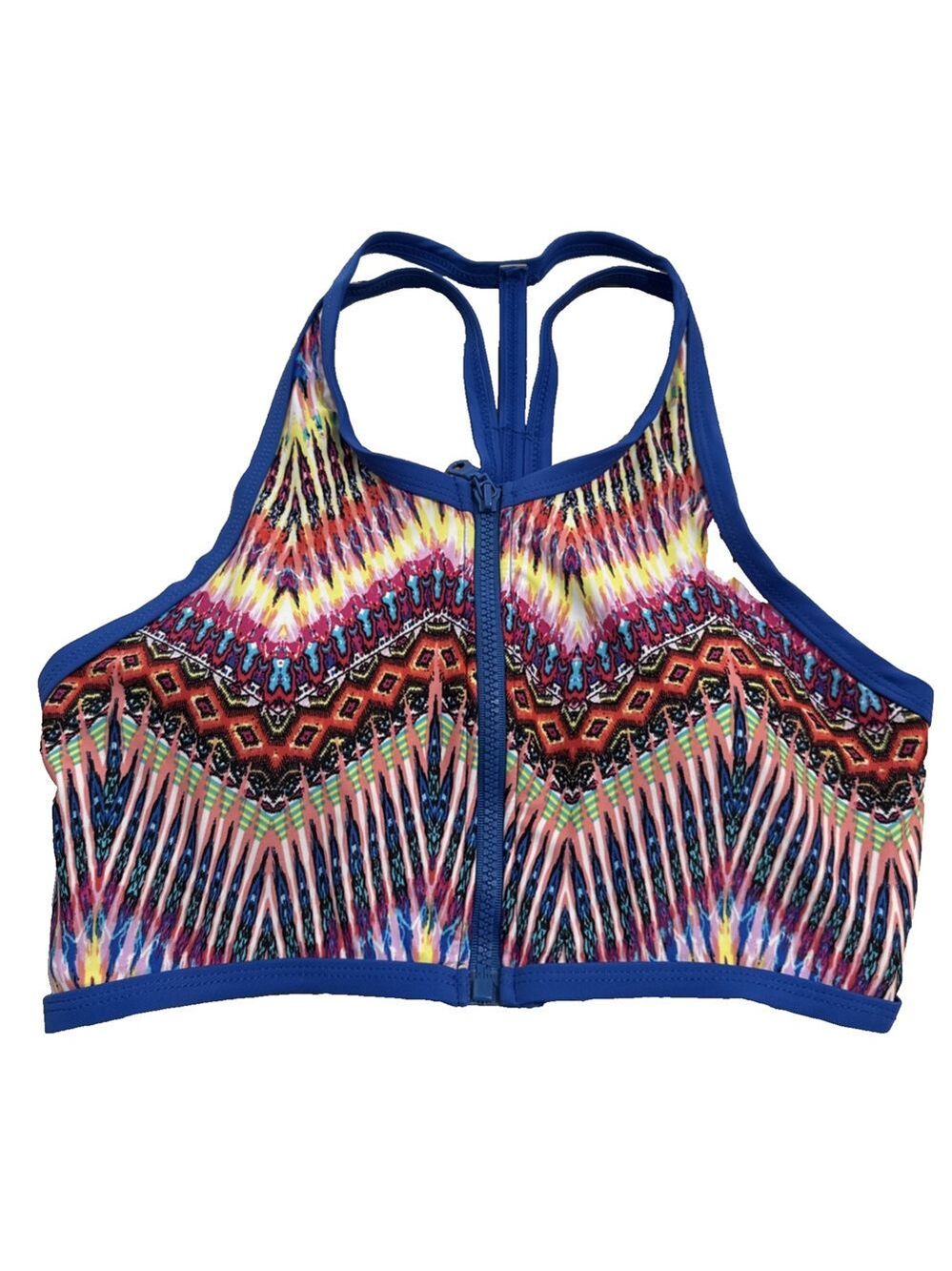 TiniBikini Size M Zip Front Swim Top Removable Pads Royal Blue Geometric
